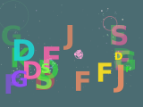 A screen full of big, colourful letters scattered on a dark teal background, a bimbumbam canvas made by my daughter.