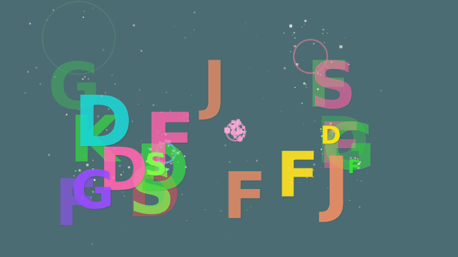 A screen full of big, colourful letters scattered on a dark teal background, a bimbumbam canvas made by my daughter.